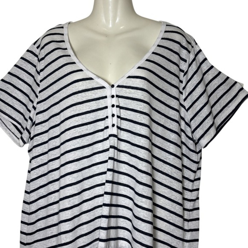 Old Navy Womens 2X Striped Linen Blend Henley Short Sleeve V-Neck Top White Navy